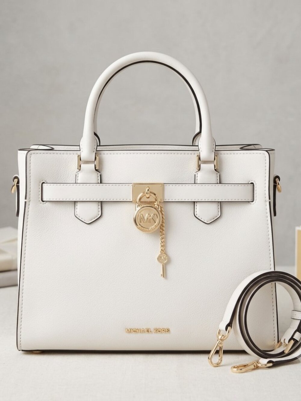 Michael Kors Hamilton MD Satchel – Light Cream Leather, Gold Hardware, NWT
